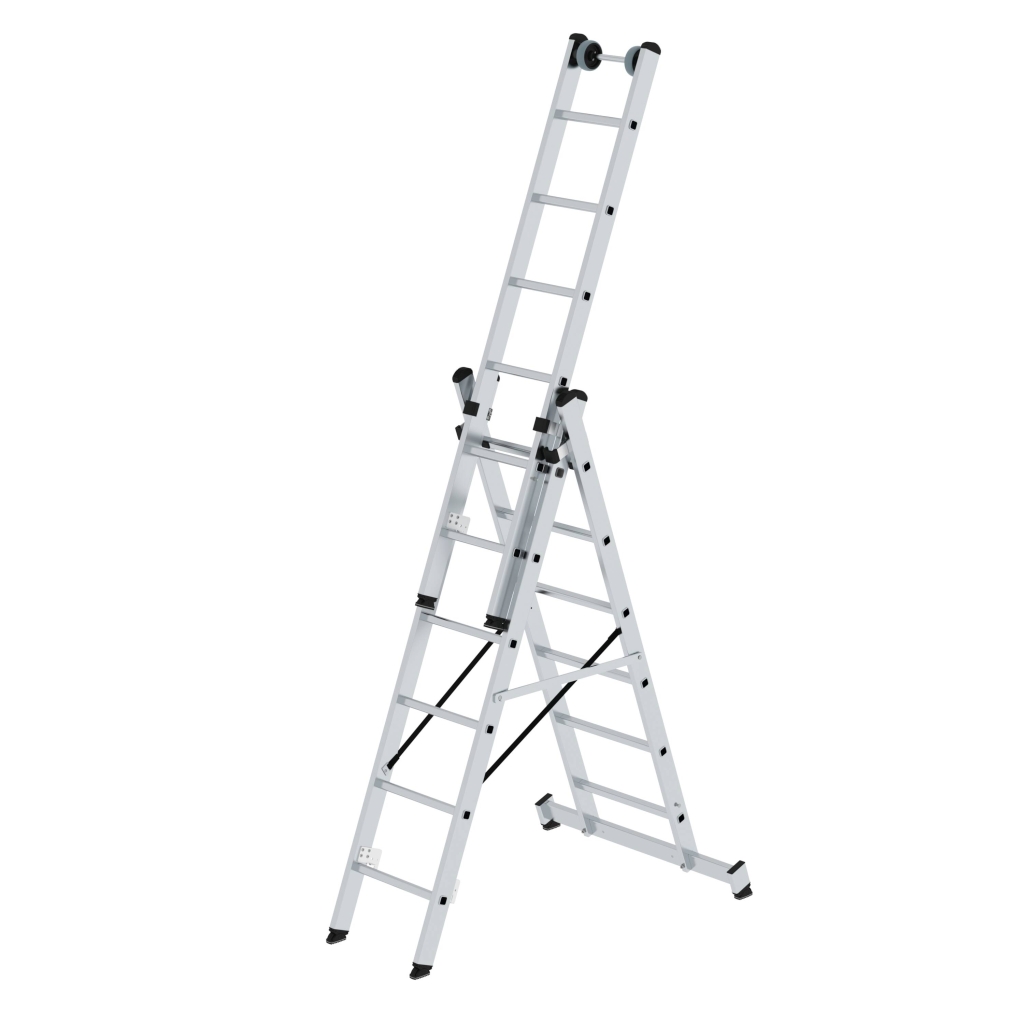 Bild von Sprossen-Mehrzweckleiter 3-teilig mit nivello®-Traverse und Wandlaufrollen 3x6 Sprossen - Arbeitshöhe: 5200 mm (VPE=1 Stück)