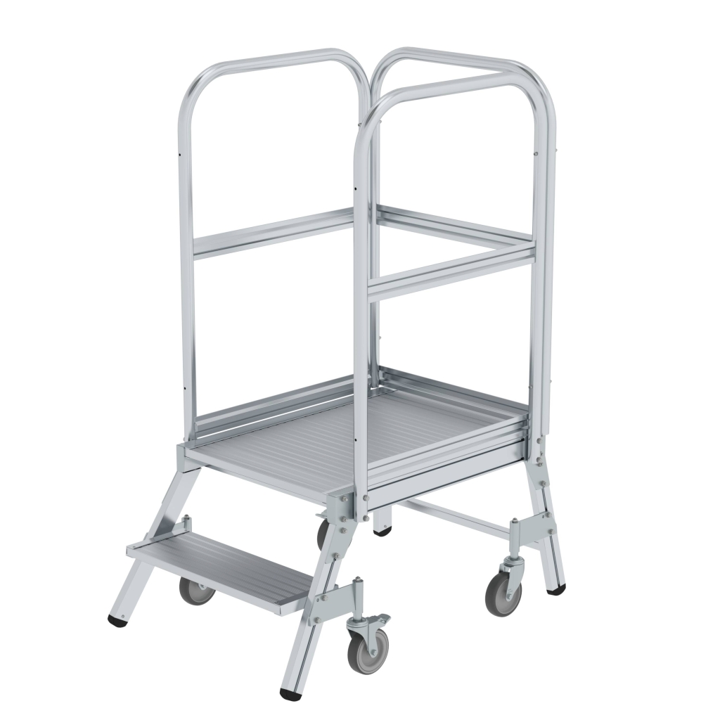 Bild von Podesttreppe einseitig begehbar mit Federrollen Aluminium geriffelt 2 Stufen - Arbeitshöhe: 2480 mm (VPE=1 Stück)