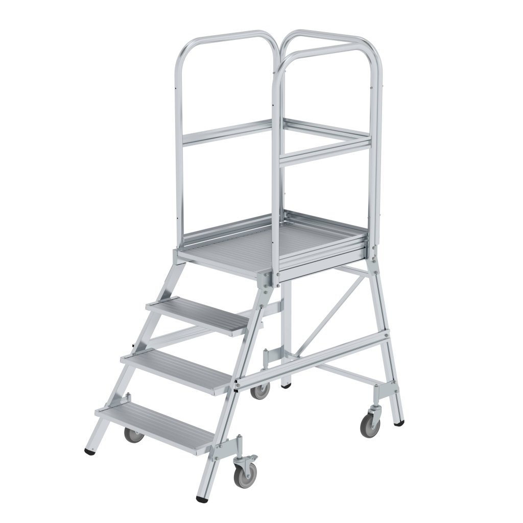Bild von Podesttreppe einseitig begehbar mit Federrollen Aluminium geriffelt 4 Stufen - Arbeitshöhe: 3000 mm (VPE=1 Stück)