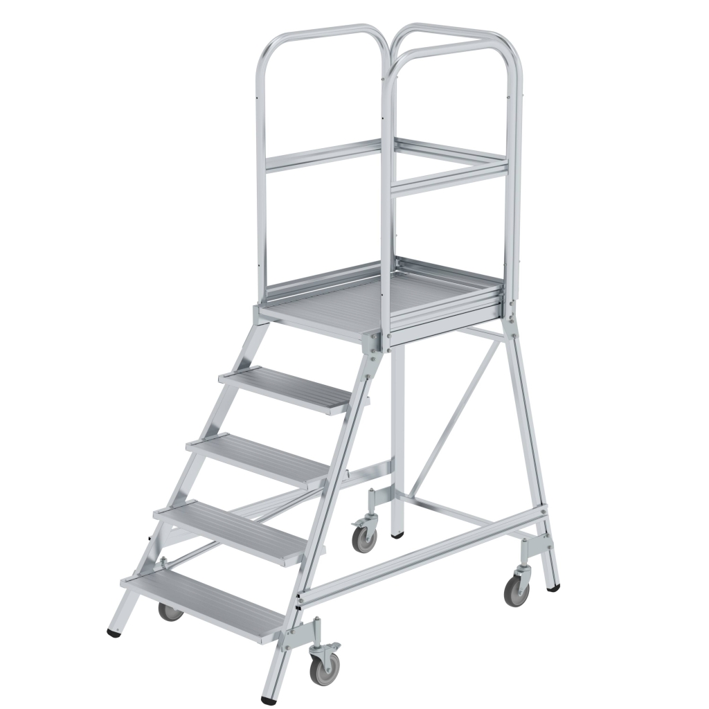 Bild von Podesttreppe einseitig begehbar mit Federrollen Aluminium geriffelt 5 Stufen - Arbeitshöhe: 3200 mm (VPE=1 Stück)