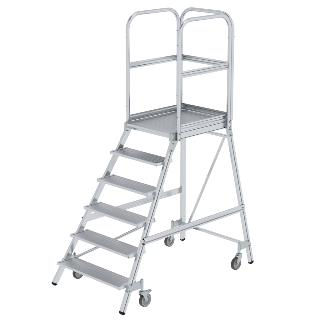 Bild von Podesttreppe einseitig begehbar mit Federrollen Aluminium geriffelt 6 Stufen - Arbeitshöhe: 3500 mm (VPE=1 Stück)