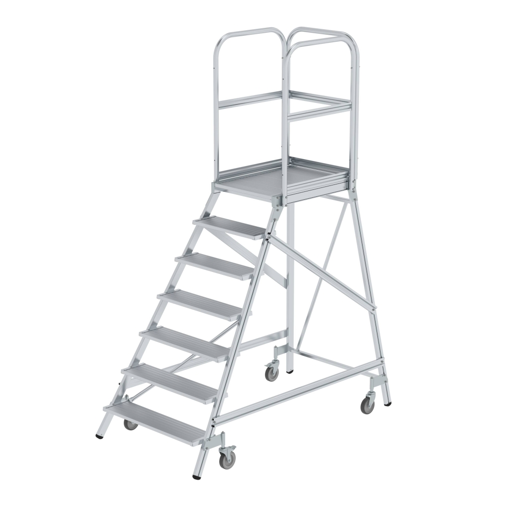 Bild von Podesttreppe einseitig begehbar mit Federrollen Aluminium geriffelt 7 Stufen - Arbeitshöhe: 3700 mm (VPE=1 Stück)