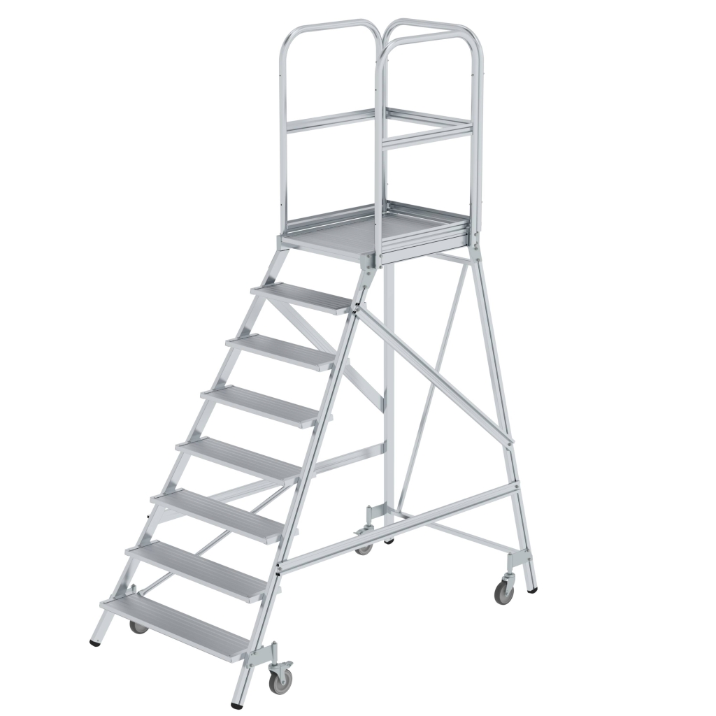 Bild von Podesttreppe einseitig begehbar mit Federrollen Aluminium geriffelt 8 Stufen - Arbeitshöhe: 3900 mm (VPE=1 Stück)