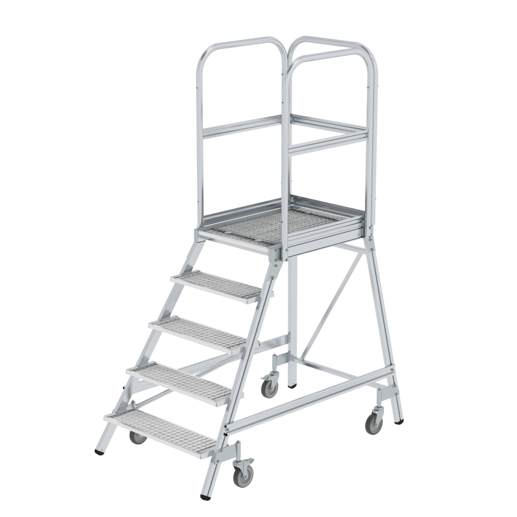 Bild von Podesttreppe einseitig begehbar mit Federrollen Stahl-Gitterrost 5 Stufen - Arbeitshöhe: 3200 mm (VPE=1 Stück)