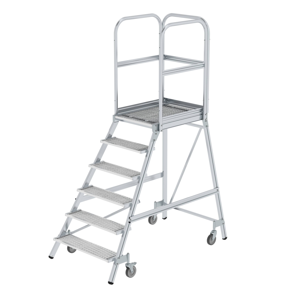 Bild von Podesttreppe einseitig begehbar mit Federrollen Stahl-Gitterrost 6 Stufen - Arbeitshöhe: 3500 mm (VPE=1 Stück)
