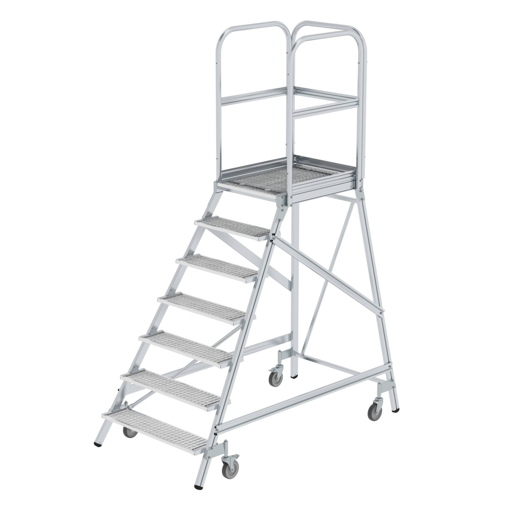 Bild von Podesttreppe einseitig begehbar mit Federrollen Stahl-Gitterrost 7 Stufen - Arbeitshöhe: 3700 mm (VPE=1 Stück)