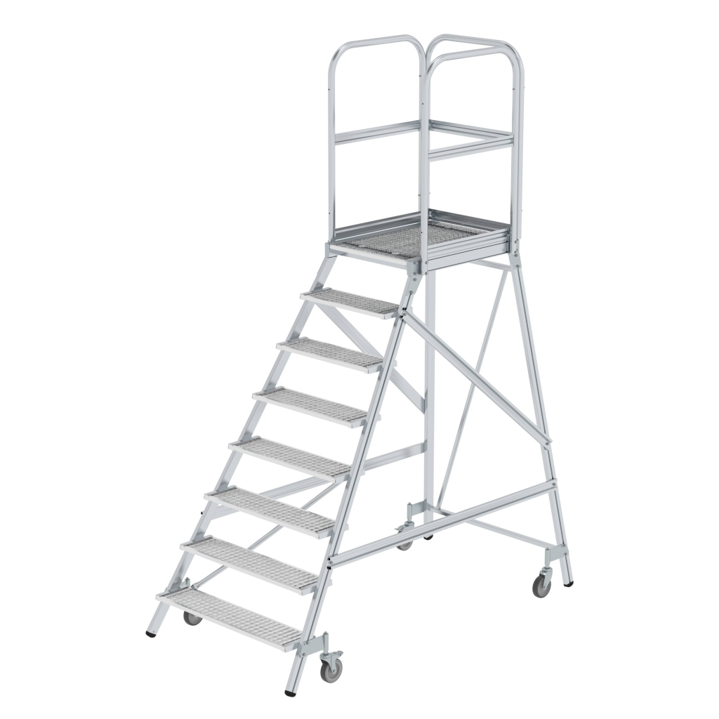 Bild von Podesttreppe einseitig begehbar mit Federrollen Stahl-Gitterrost 8 Stufen - Arbeitshöhe: 3900 mm (VPE=1 Stück)