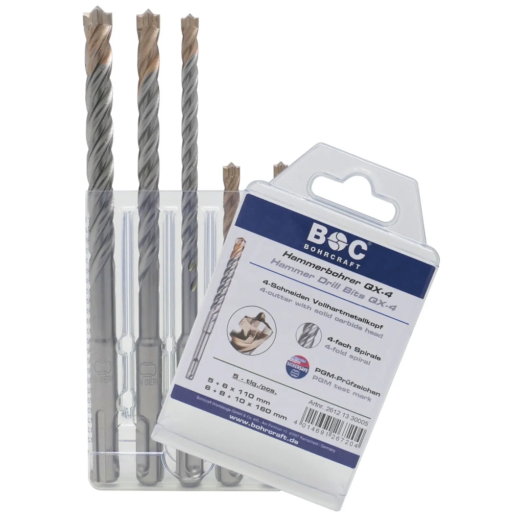 Bild von Bohrcraft Hammerbohrer SDS-plus QX-4 in Multi-Pack 5-tlg. 5/6  x 110 mm + 6/ 8/10 x 160 mm/ HB 5 QX-4 (VPE=1 Stück)