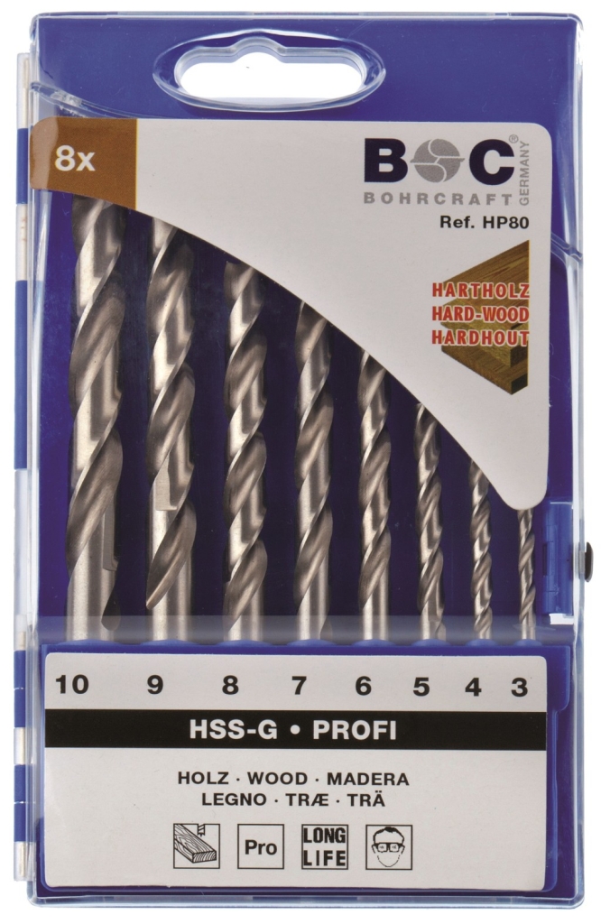 Bild von Holzspiralbohrer Profi HSS-G Kunststoff-Kassette 8-tlg. 3 - 10 x 1,0 mm stg. / HP 80 (VPE=1 Stück)