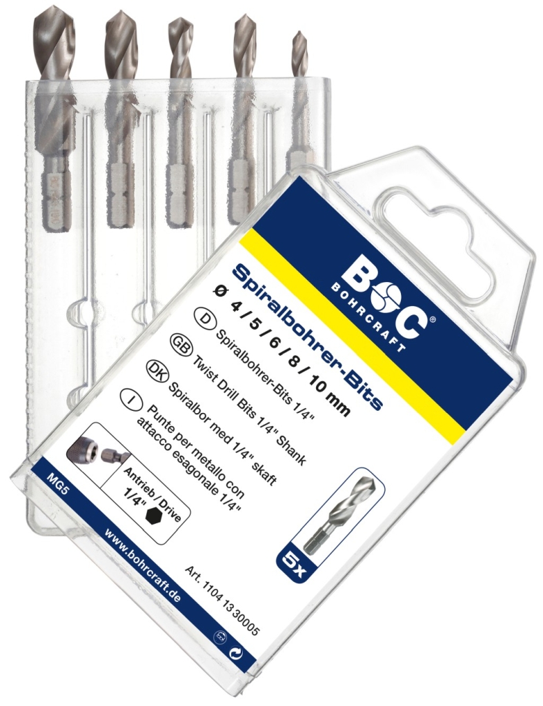 Bild von Spiralbohrer-Bit HSS-G geschliffen, 1/4'' Schaft 5-tlg. 4 / 5 / 6 / 8 / 10 mm / MG 5-Bit (VPE=1 Stück)