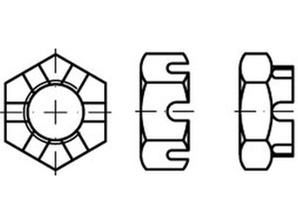 Bild von DIN 937 17H M 6 (blank) Kronenmuttern, niedrige Form - Pkg. (100) (VPE=100 Pkg. (100))